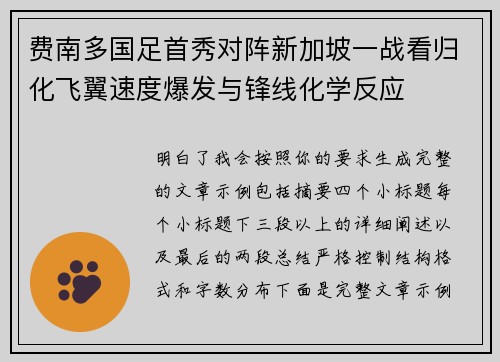 费南多国足首秀对阵新加坡一战看归化飞翼速度爆发与锋线化学反应